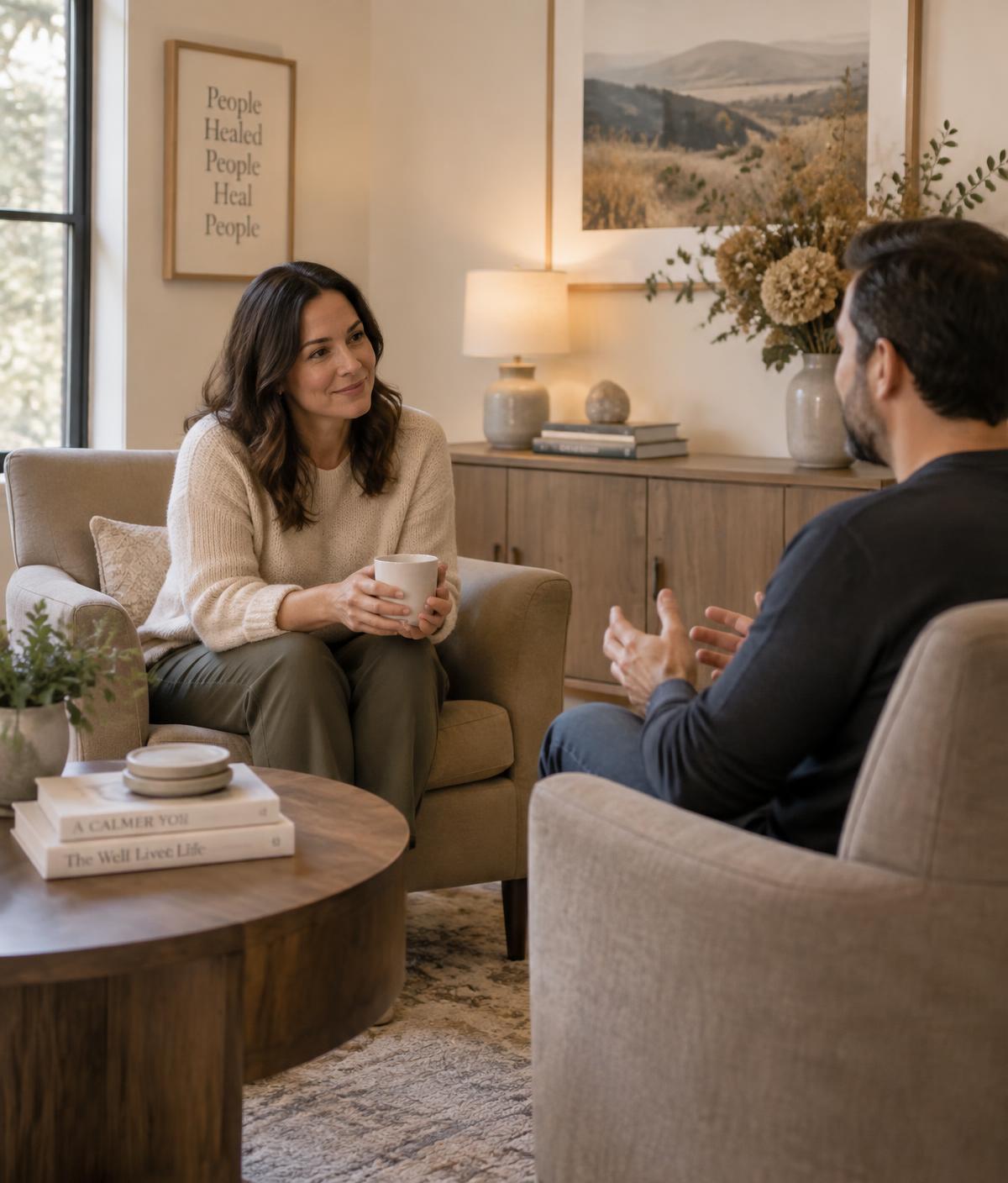 Two people in a warm, comfortable conversation in a softly lit room